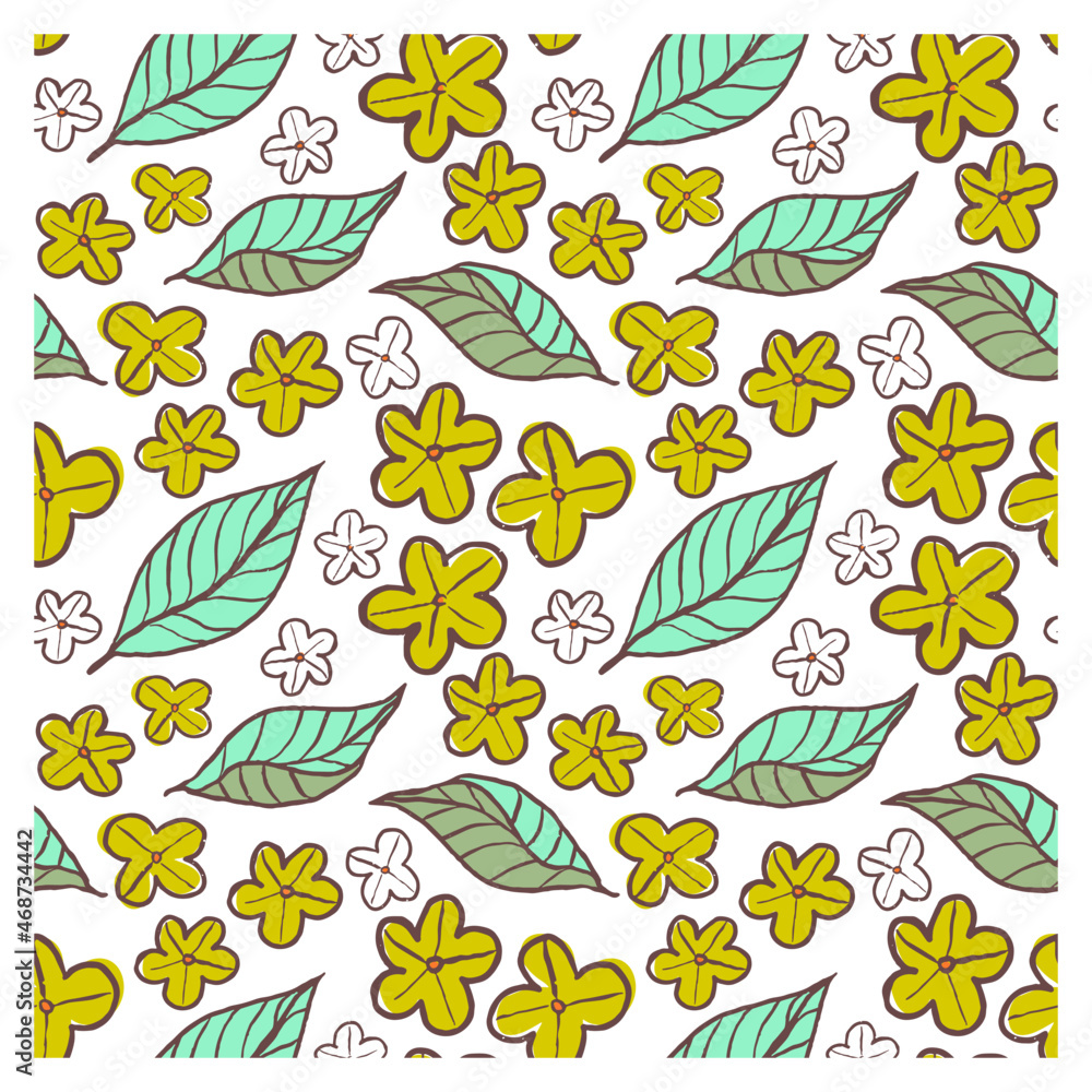 Seamless pattern of silhouette of flowers and leaves. Decorative floral elements.