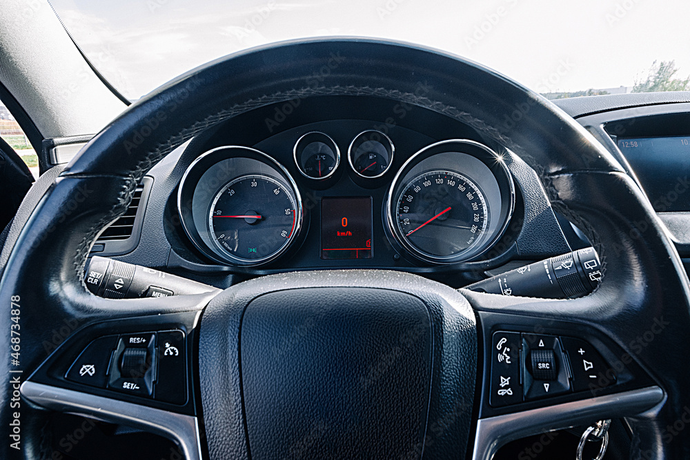 Fototapeta premium Speed background. Car dashboard panel with speedometer, tachometer. Fast vehicle, no limit concept.