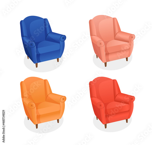 Set of cozy armchairs on an isolated white background. Vector illustration of a home chair for the interior. Modern furniture for living room, bedroom, lobby. Icon, element.