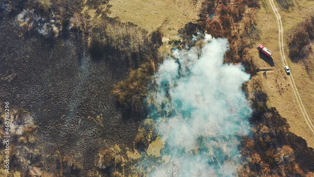 Aerial View. Spring Dry Grass Burns During Drought Hot Weather. Bush Fire And Smoke. Fire Engine, Fire Truck On Firefighting Operation. Wild Open Fire Destroys Grass. Ecological Problem Air Pollution