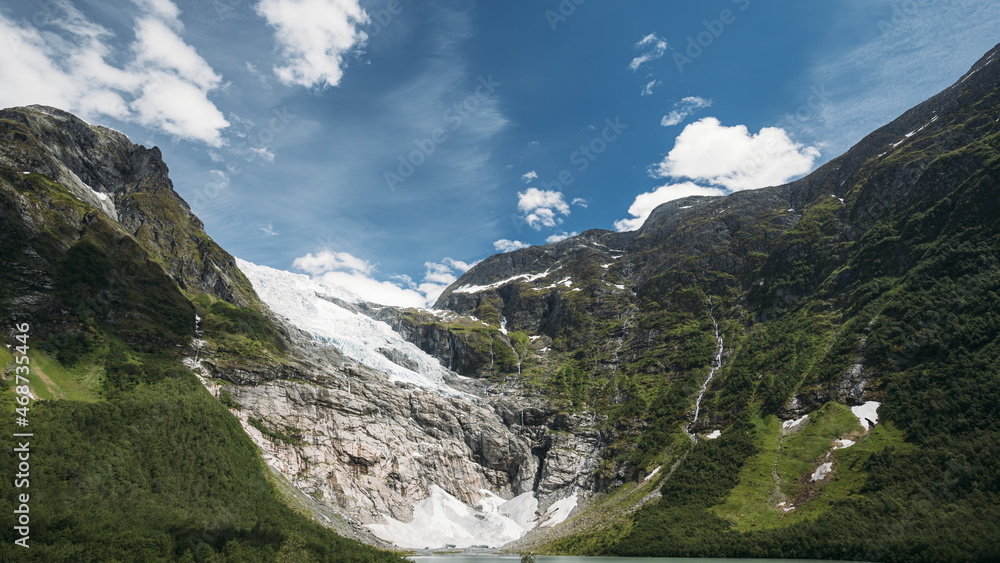 Jostedalsbreen National Park, Sogn Og Fjordane County, Norway. Boyabreen Glacier In Spring Sunny Day. Famous Norwegian Landmark And Popular Destination. 4K