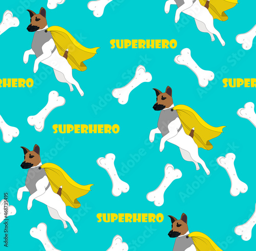 Seamless pattern of flying super dog on the blue background. Fox terrier fly with bones. Cute animal background.