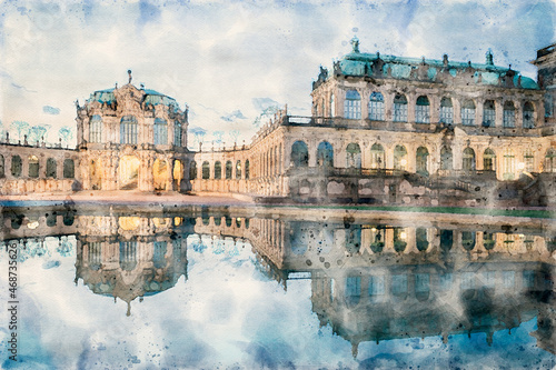 Zwinger zu Dresden with the Wallpavilion - watercolor painting photo