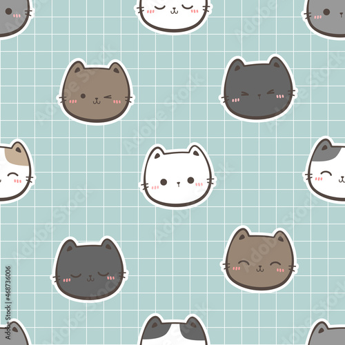 seamless pattern with cute kitty cat head cartoon doodle vector illustration