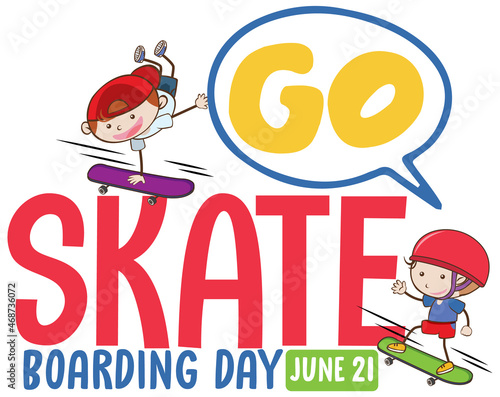 Go Skateboarding Day banner with kids skater cartoon character