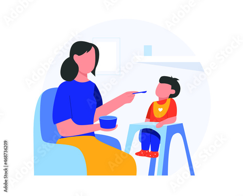 Mom feeds the little baby, cartoon vector illustration isolated on white background. Healthy nutrition for babies.