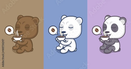 polar bear and cute cartoon panda enjoying a cup of coffee. vector illustration for mascot logo or sticker