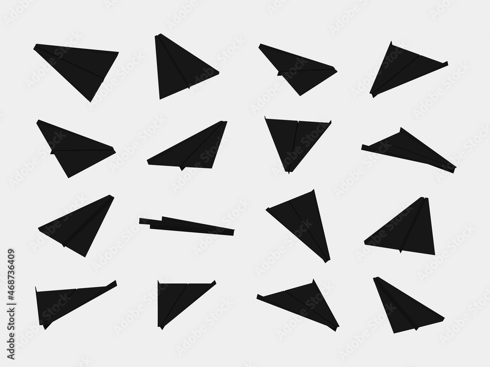 Black paper planes collection with different views and angles