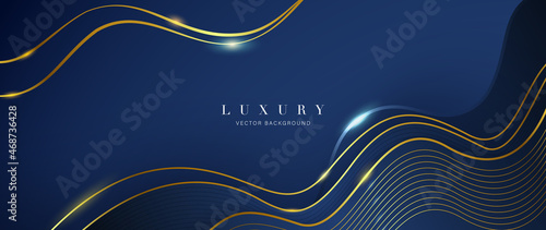 Luxury blue background vector. Abstract dark blue and golden lines with glow effect. Modern style wallpaper for Chinese New Year, ads, sale banner, business presentation and packaging design.