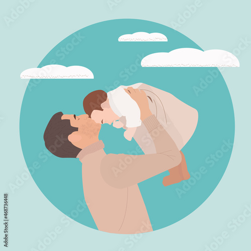 A caring dad kisses his child. A man throws up his beloved daughter. A guy on a blue background in beige clothes holding a baby in his arms
