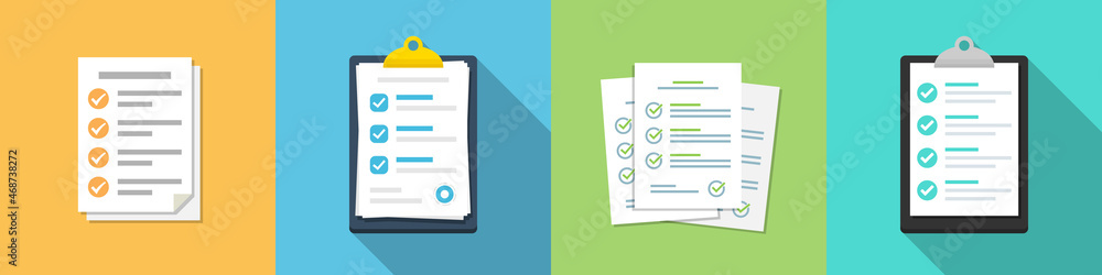Set of checklist document icons in a flat design. Audit document collection - obrazy, fototapety, plakaty 