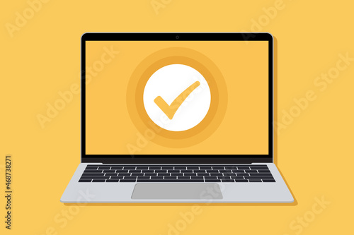 Laptop with checkmark in a flat design. Vector illustration
