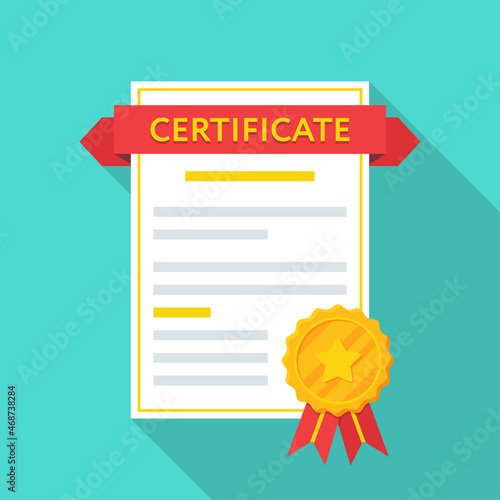 Certificate document icon with star medal in a flat design