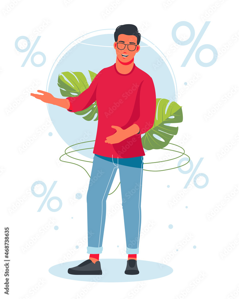 discount, sale. A male salesperson advertises discounts on. the seller helps the buyer to choose a things. Shopping, buying trendy fashionable clothes. Vector illustration isolated on white background