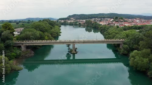 Aerial view of small bridge over Acheloos river in Greece