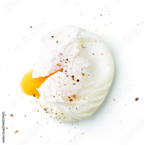 Poached egg isolated on white background, from above