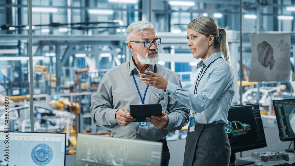 Car Factory Female Project Manager Talks to Male Automotive Engineer