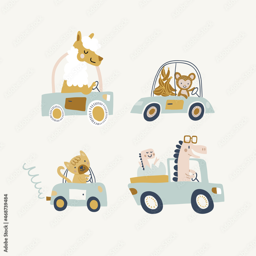 Vector set with cute animals riding the car in colorful flat cartoon style. Doodle animals drivers set. llama, monkey, cat, dino in transport isolated