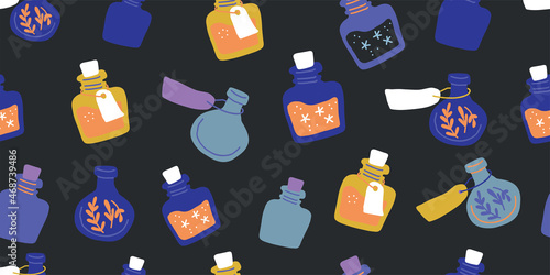 Seamless pattern with colorful magic cartoon bottles and love potions. Vector illustration. Magic elixir hand drawn pattern design in eclectic blue on black back. Scandinavian style magician pattern