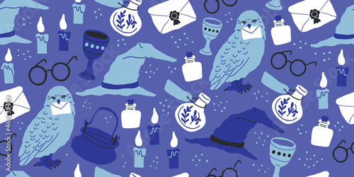 Seamless pattern: elements for witches and wizards in doodle style - owl, potion, round glasses, owl, letter, grail, goblet, witch hat, candles, letter. Kids magic pattern in eclectic blue