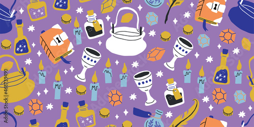 Seamless pattern: elements for witches and wizards in doodle style - owl, potion, round glasses, pot, kettle, letter, grail, goblet, candles, book of spells. Kids magic pattern