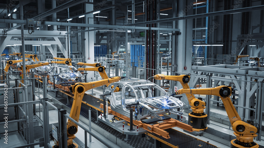 Car Factory 3D Concept: Automated Robot Arm Assembly Line Manufacturing  High-Tech Green Energy Electric Vehicles. Automatic Construction, Building,  Welding Industrial Production Conveyor. Stock Photo | Adobe Stock