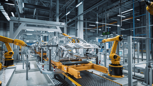 Car Factory 3D Concept: Automated Robot Arm Assembly Line Manufacturing High-Tech Green Energy Electric Vehicles. Automatic Construction, Building, Welding Industrial Production Conveyor.