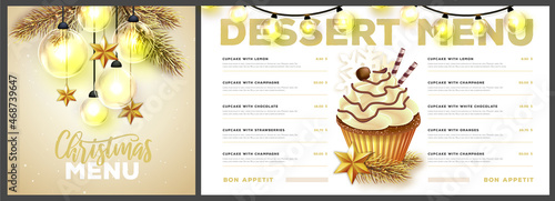Restaurant Christmas holiday dessert menu design with christmas desoration. Vector illustration