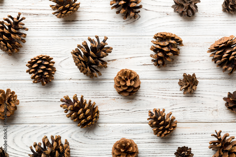 pine cones on colored table. natural holiday background with pinecones grouped together. Flat lay. Winter concept pine cones on colored table. natural holiday background with pinecones grouped together. Flat lay. Winter concept