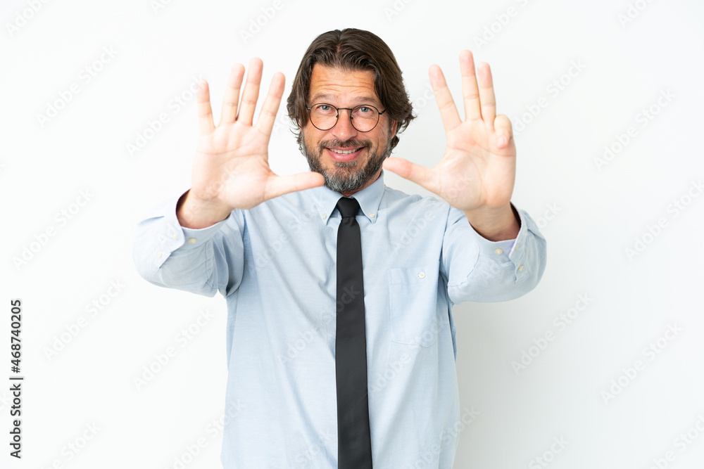 Senior dutch business man isolated on white background counting nine with fingers Senior dutch business man isolated on white background counting nine with fingers