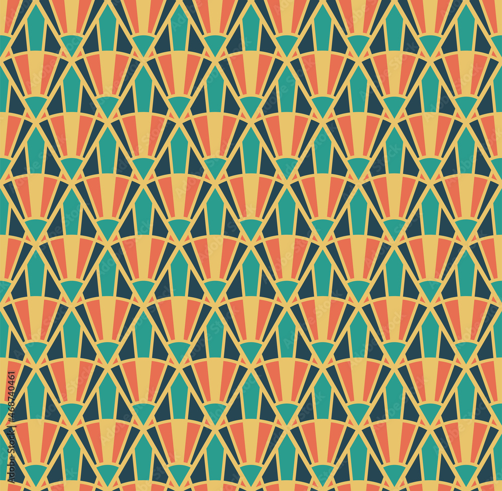 Seamless Pattern design with a minimalist art deco style with bright blue, yellow and orange colors. Background with a pattern of yellow rhombuses Seamless Pattern design with a minimalist art deco style with bright blue, yellow and orange colors. Background with a pattern of yellow rhombuses