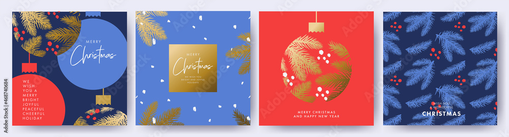 Merry Christmas and Happy New Year Set of greeting cards, posters, holiday covers. Elegant Xmas design in blue, red and gold colors with hand drawn pine branches, Christmas ball and brush painted snow - obrazy, fototapety, plakaty 
