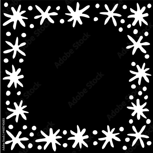 Winter vector frame of simple primitive snowflakes. Hand drawn border, isolated. Background, backdrop, template for theme of Snowfall, christmas, new year