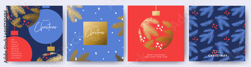 Merry Christmas and Happy New Year Set of greeting cards, posters, holiday covers. Elegant Xmas design in blue, red and gold colors with hand drawn pine branches, Christmas ball and brush painted snow