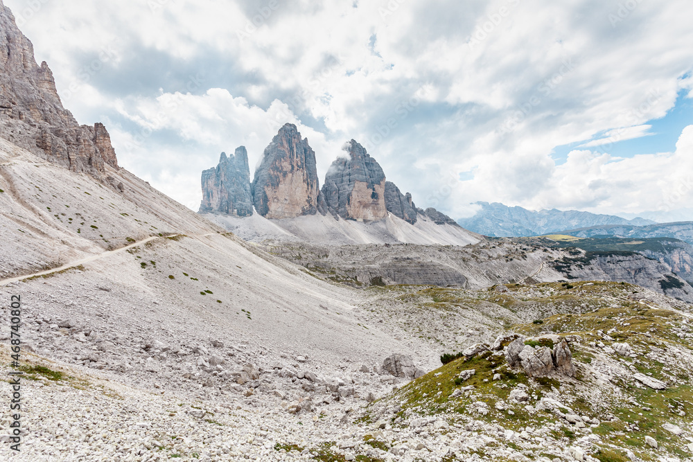 View of the Tre Cime di Lavaredo on a summer day, Dolomites, Italy