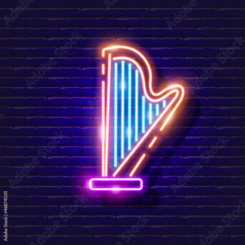 Harp neon icon. Music glowing sign. Musical instrument concept. Vector illustration for Sound recording studio design, advertising, signboards, vocal studio.