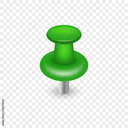 Single Realistic Green Pushpin on Transparent Background. Thumbtack with Needle. Office Stationery for Tack Paper on Notice Board. Green Plastic Push Pin Button. Isolated Vector Illustration