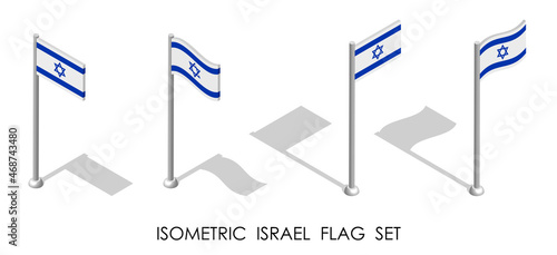 isometric flag of ISRAEL in static position and in motion on flagpole. 3d vector