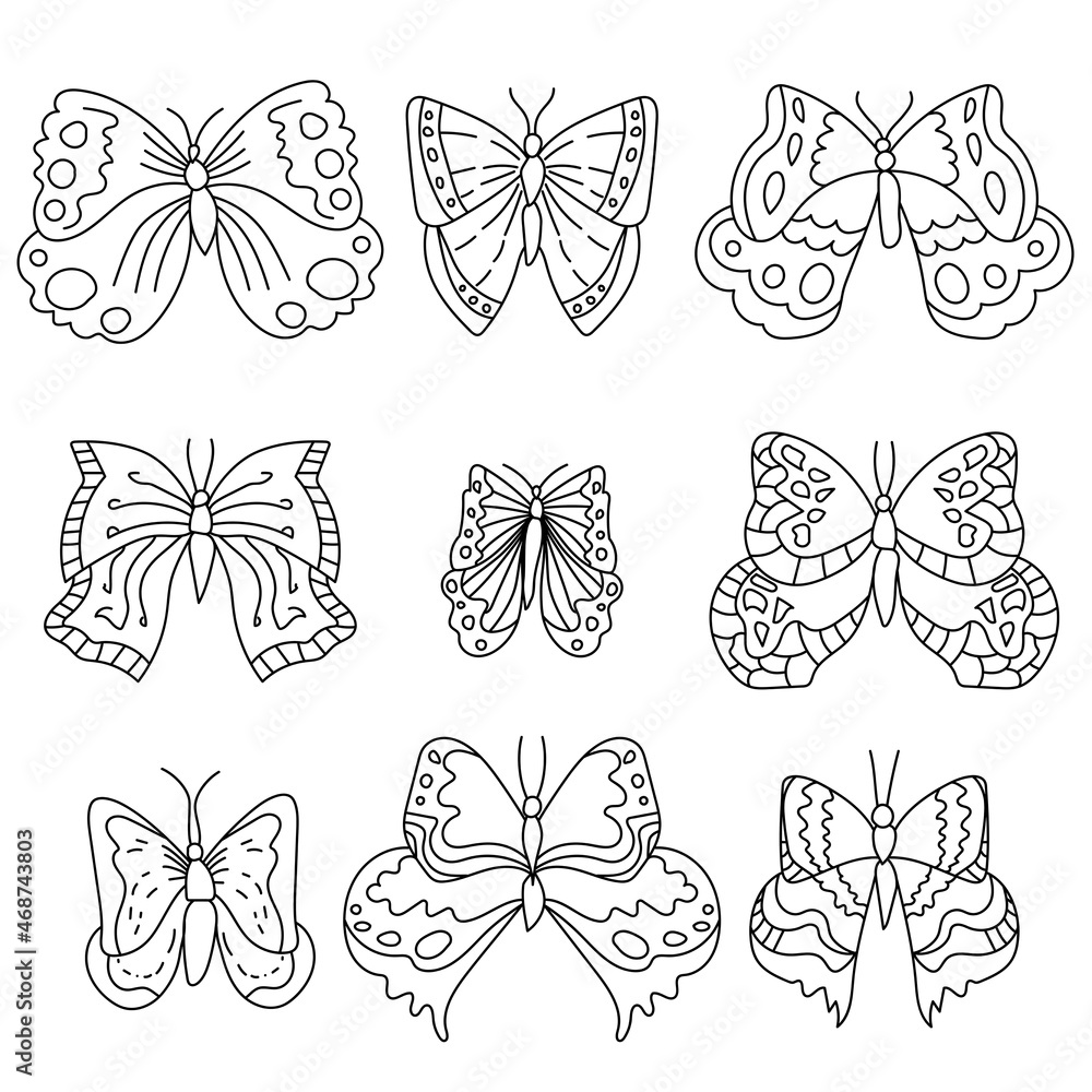 Set of nine butterflies fantasy outline, doodle coloring page for toddlers insect world