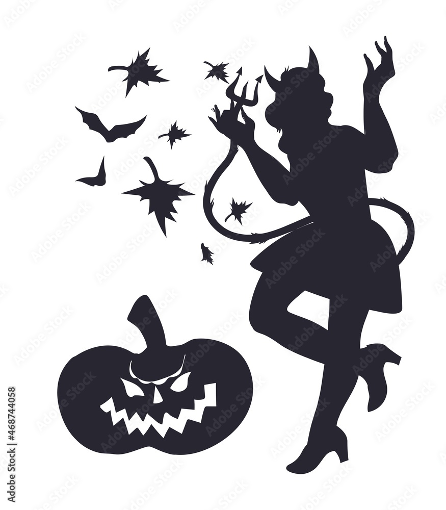 Halloween witch devil woman black silhouette with horns and tail standing near pumpkin monster, flat vector illustration isolated on background. Black contour of woman in Halloween costume. Halloween witch devil woman black silhouette with horns and tail standing near pumpkin monster, flat vector illustration isolated on background. Black contour of woman in Halloween costume.