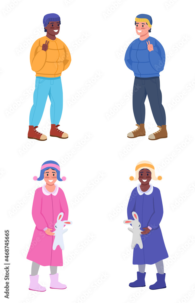 Kid in coat semi flat color vector characters set. Posing figures. Full body people on white. Winter season isolated modern cartoon style illustration for graphic design and animation pack