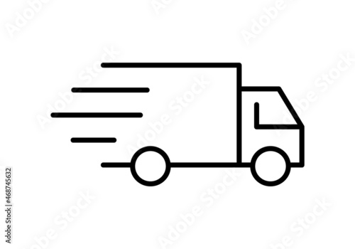 Delivery truck line icon. Cargo, distribution, transportation concept. Fast shipping idea. Moving vehicle with lines symbolizing speed. Freight transport services. Vector illustration, flat, clip art.