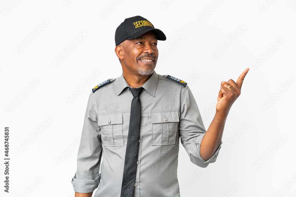 Senior staff man isolated on white background intending to realizes the solution while lifting a finger up Senior staff man isolated on white background intending to realizes the solution while lifting a finger up