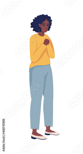 Concerned girl clenching fists semi flat color vector character. Full body person on white. Stressful situation isolated modern cartoon style illustration for graphic design and animation