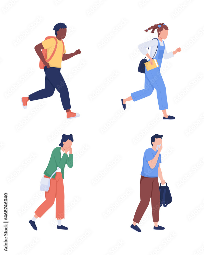Children evacuating from building semi flat color vector characters set. Full body people on white. Chronic lateness isolated modern cartoon style illustrations for graphic design and animation