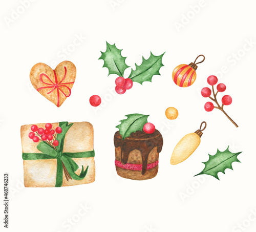 Fototapeta Naklejka Na Ścianę i Meble -  Watercolor christmas set.Hand drawn watercolor illustration with gingerbread heart cookie,christmas cake,christmas toy,garland,gift box,holly berry,holly leaf.