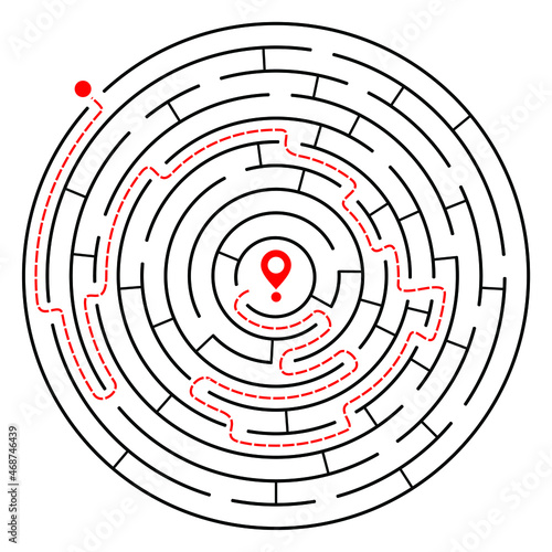 Education logic game circle labyrinth for kids. Find right way. Isolated simple round maze black line on white background. With the solution. Vector illustration.