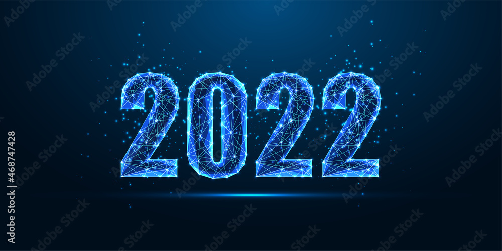 Abstract 2022 Happy New Year digital web banner template in futuristic glowing polygona