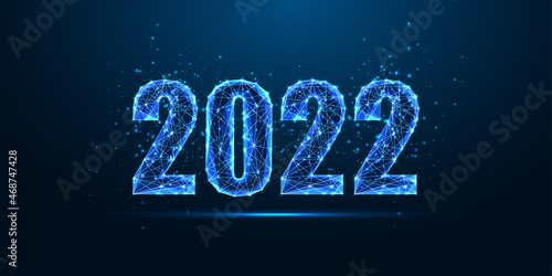 Abstract 2022 Happy New Year digital web banner template in futuristic glowing polygona
