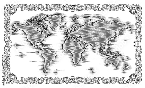 World Map Drawing Old Woodcut Engraved Style